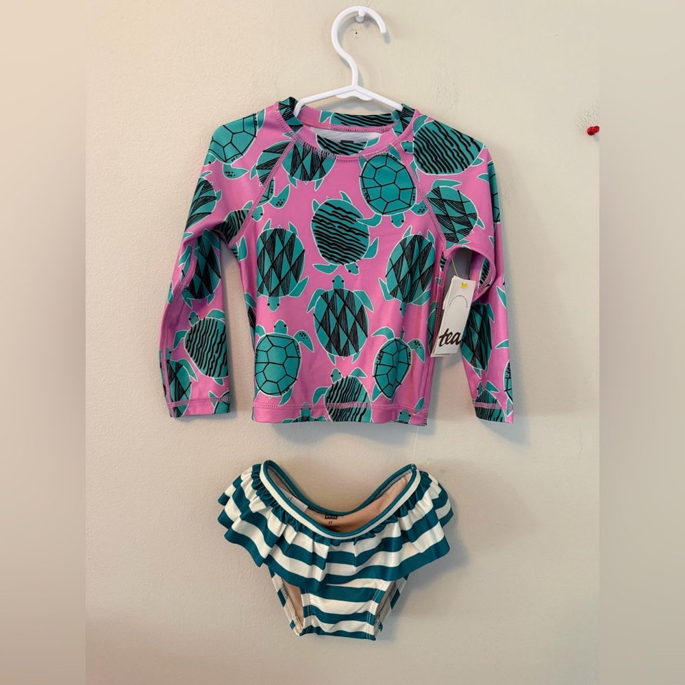Tea Collection Pink and Green Turtle Rash Guard Set